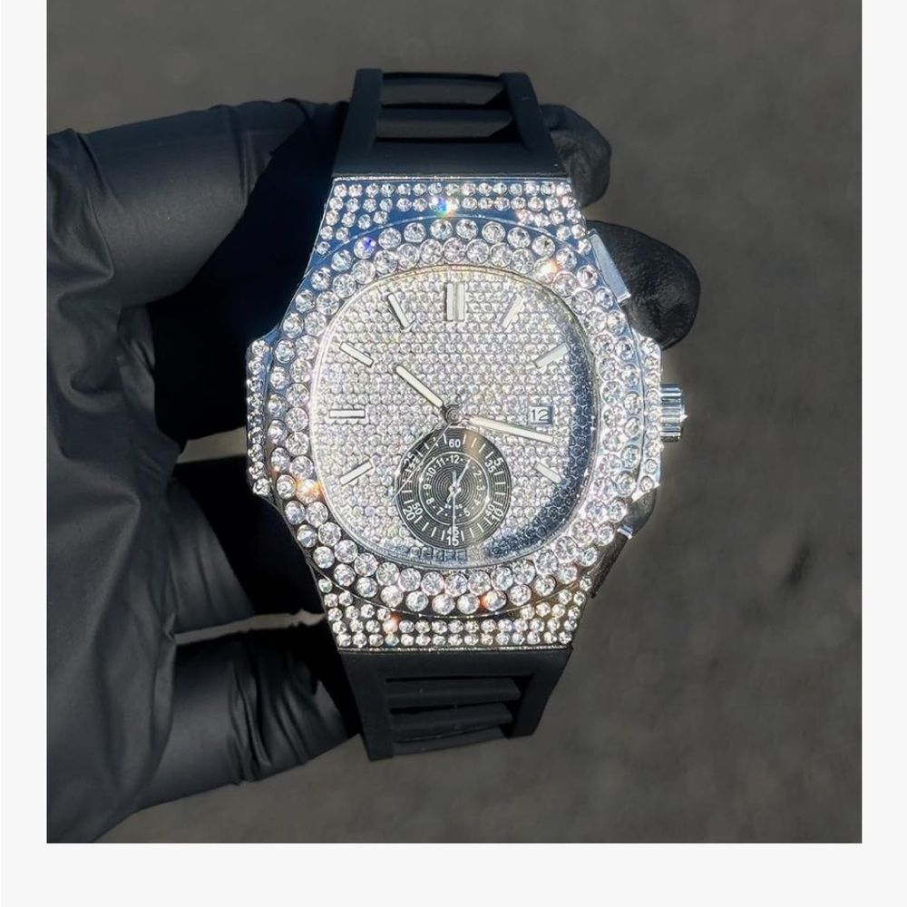VVS Iced Out 43mm Watch Silver Silicone Black Bustdown Diamond Hip Hop Bling